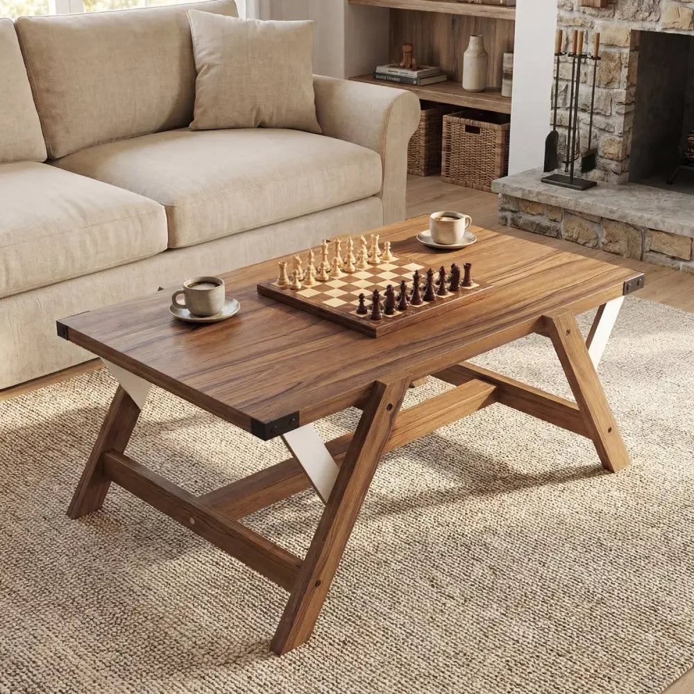 Farmhouse Center Table with Decorative Nailhead Accents for Living Room-Walnut - Walnut - Coffee Tables