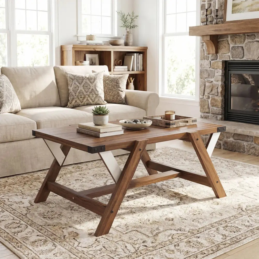 Farmhouse Center Table with Decorative Nailhead Accents for Living Room-Walnut - Walnut - Coffee Tables