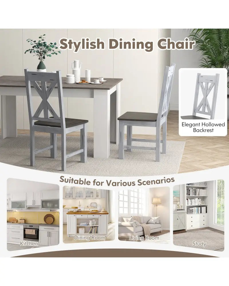 Farmhouse Chair Set of 2 with Rubber Wood Frame and Elegant Hollowed Backrest-Gray - Gray - Dining Chairs