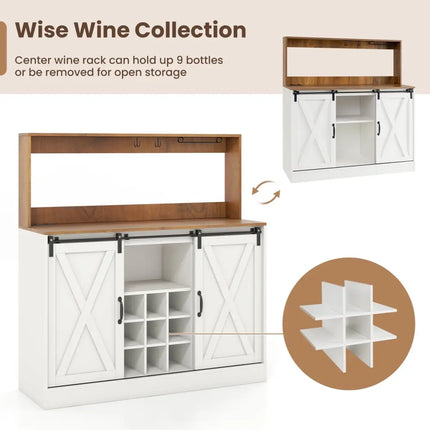 Farmhouse Coffee Bar Cabinet with Charging Station and Sliding Barn Doors-White - White - Sideboards Cabinets & Buffets