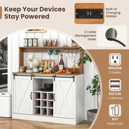 Farmhouse Coffee Bar Cabinet with Charging Station and Sliding Barn Doors-White - White - Sideboards Cabinets & Buffets