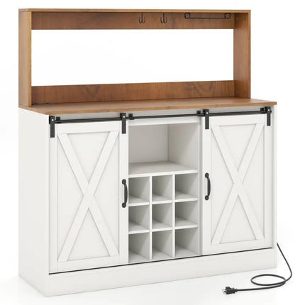 Farmhouse Coffee Bar Cabinet with Charging Station and Sliding Barn Doors-White - White - Sideboards Cabinets & Buffets
