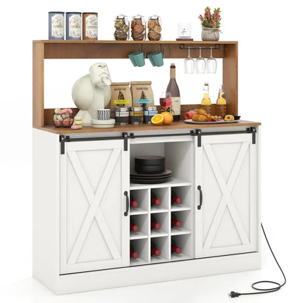 Farmhouse Coffee Bar Cabinet with Charging Station and Sliding Barn Doors-White - White - Sideboards Cabinets & Buffets