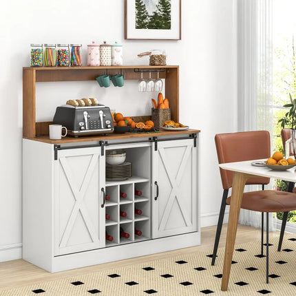 Farmhouse Coffee Bar Cabinet with Charging Station and Sliding Barn Doors-White - White - Sideboards Cabinets & Buffets