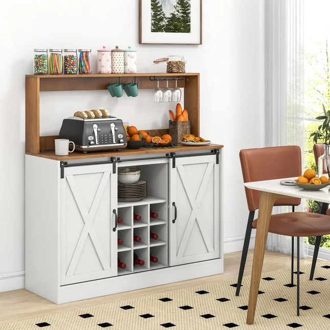 Farmhouse Coffee Bar Cabinet with Charging Station and Sliding Barn Doors-White - White - Sideboards Cabinets & Buffets