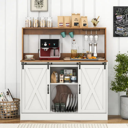 Farmhouse Coffee Bar Cabinet with Charging Station and Sliding Barn Doors-White - White - Sideboards Cabinets & Buffets