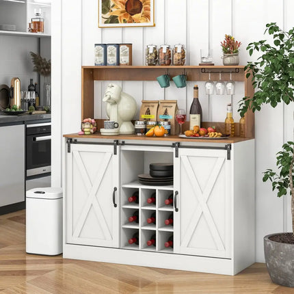 Farmhouse Coffee Bar Cabinet with Charging Station and Sliding Barn Doors-White - White - Sideboards Cabinets & Buffets
