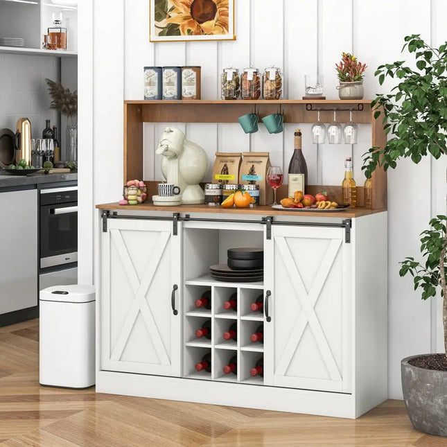 Farmhouse Coffee Bar Cabinet with Charging Station and Sliding Barn Doors-White - White - Sideboards Cabinets & Buffets