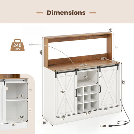 Farmhouse Coffee Bar Cabinet with Charging Station and Sliding Barn Doors-White - White - Sideboards Cabinets & Buffets
