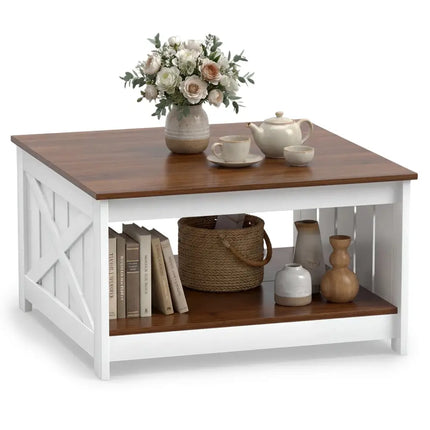 Farmhouse Coffee Table 31 Inch Square Coffee Table with Storage Shelf-White - White - Coffee Tables