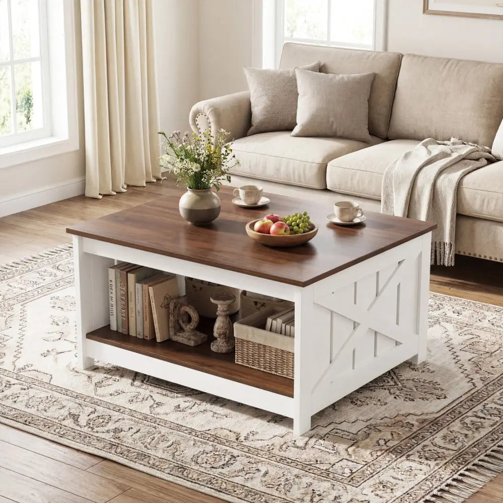Farmhouse Coffee Table 31 Inch Square Coffee Table with Storage Shelf-White - White - Coffee Tables