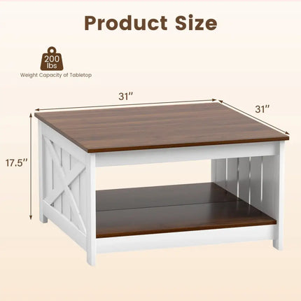 Farmhouse Coffee Table 31 Inch Square Coffee Table with Storage Shelf-White - White - Coffee Tables