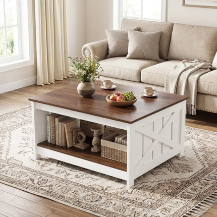 Farmhouse Coffee Table 31 Inch Square Coffee Table with Storage Shelf-White - White - Coffee Tables