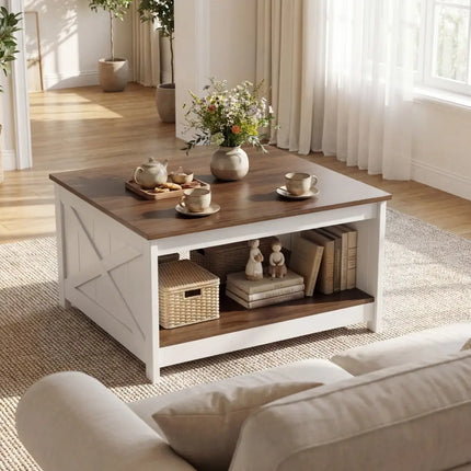 Farmhouse Coffee Table 31 Inch Square Coffee Table with Storage Shelf-White - White - Coffee Tables