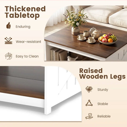 Farmhouse Coffee Table 31 Inch Square Coffee Table with Storage Shelf-White - White - Coffee Tables