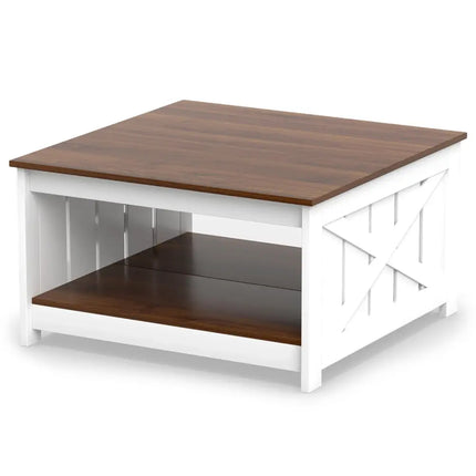 Farmhouse Coffee Table 31 Inch Square Coffee Table with Storage Shelf-White - White - Coffee Tables