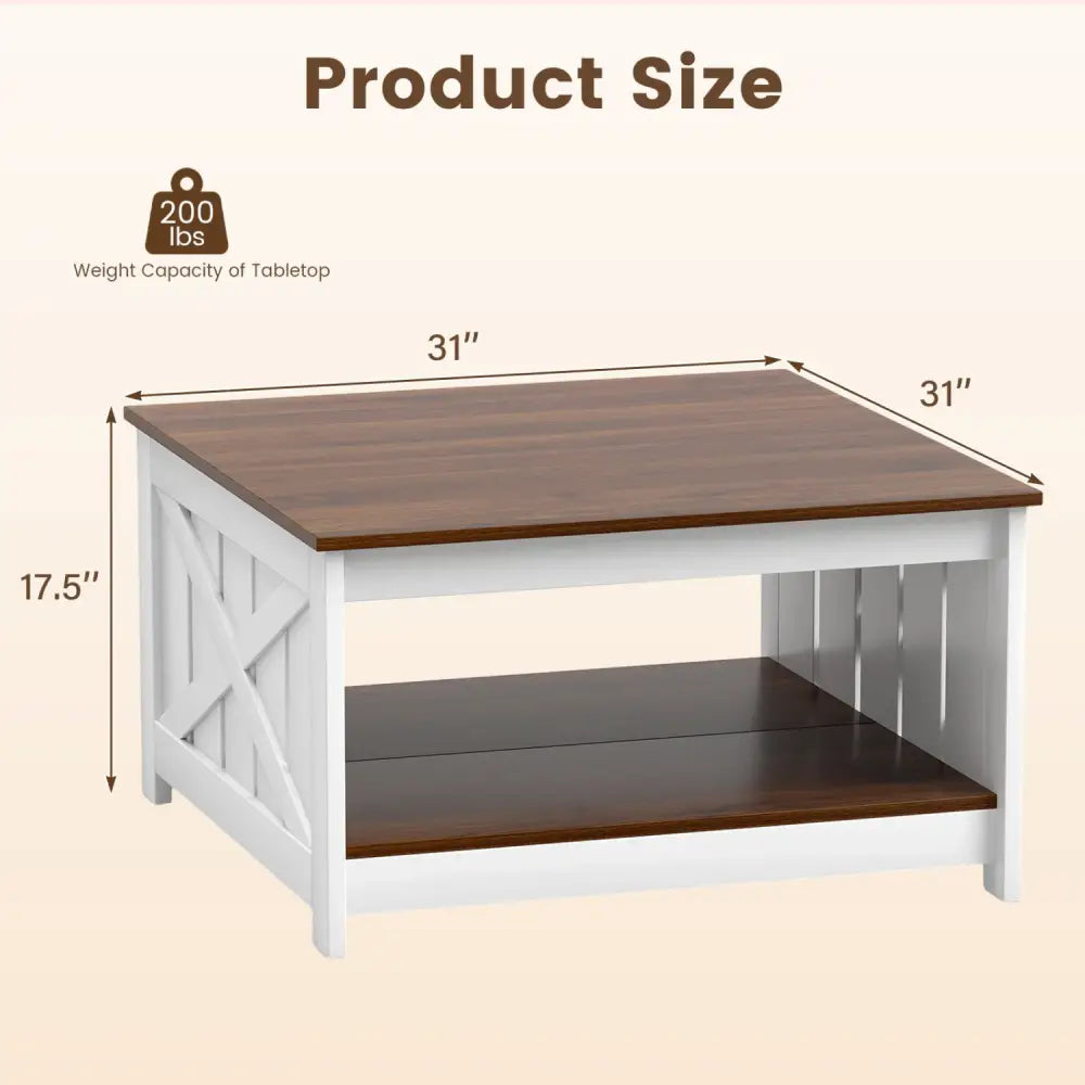 Farmhouse Coffee Table 31 Inch Square Coffee Table with Storage Shelf-White - White - Coffee Tables