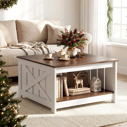 Farmhouse Coffee Table 31 Inch Square Coffee Table with Storage Shelf-White - White - Coffee Tables