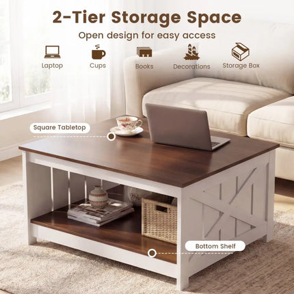 Farmhouse Coffee Table 31 Inch Square Coffee Table with Storage Shelf-White - White - Coffee Tables