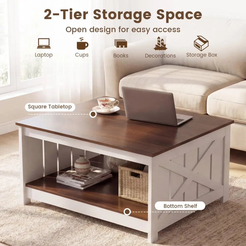 Farmhouse Coffee Table 31 Inch Square Coffee Table with Storage Shelf-White - White - Coffee Tables
