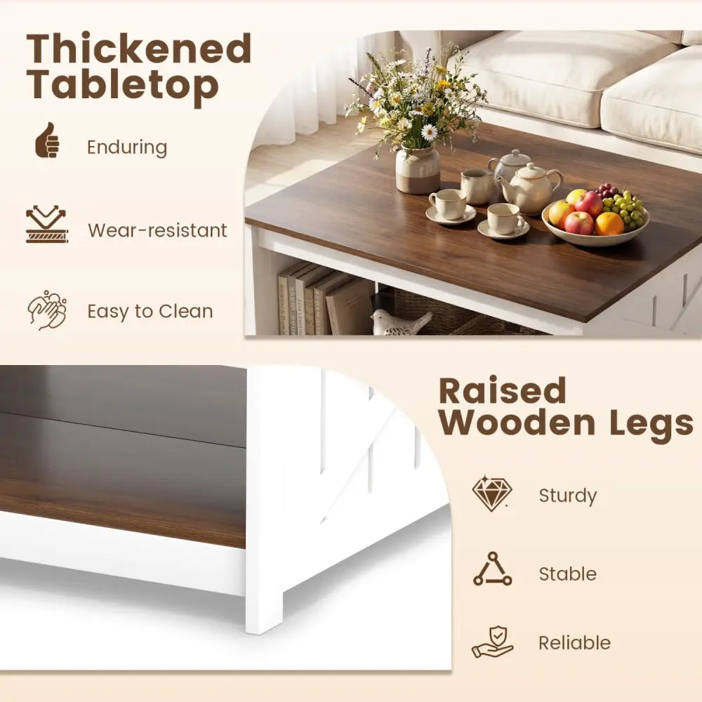Farmhouse Coffee Table 31 Inch Square Coffee Table with Storage Shelf-White - White - Coffee Tables