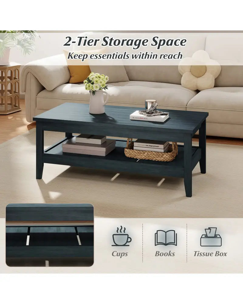 Farmhouse Coffee Table Rustic Cocktail Center Table with Thickened Tabletop-Blue - Blue - Coffee Tables