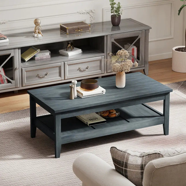 Farmhouse Coffee Table Rustic Cocktail Center Table with Thickened Tabletop-Blue - Blue - Coffee Tables