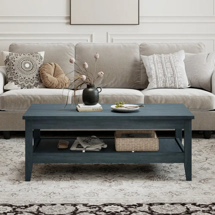 Farmhouse Coffee Table Rustic Cocktail Center Table with Thickened Tabletop-Blue - Blue - Coffee Tables