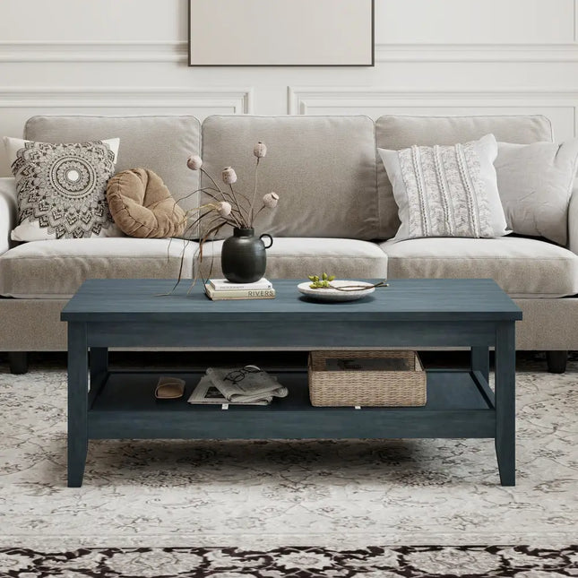 Farmhouse Coffee Table Rustic Cocktail Center Table with Thickened Tabletop-Blue - Blue - Coffee Tables