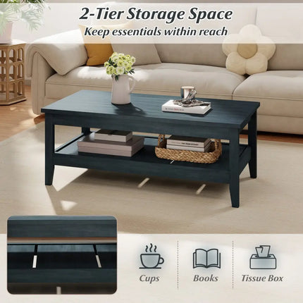 Farmhouse Coffee Table Rustic Cocktail Center Table with Thickened Tabletop-Blue - Blue - Coffee Tables
