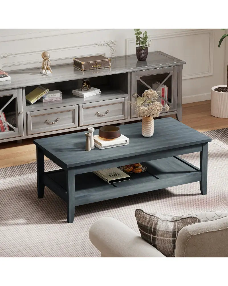 Farmhouse Coffee Table Rustic Cocktail Center Table with Thickened Tabletop-Blue - Blue - Coffee Tables
