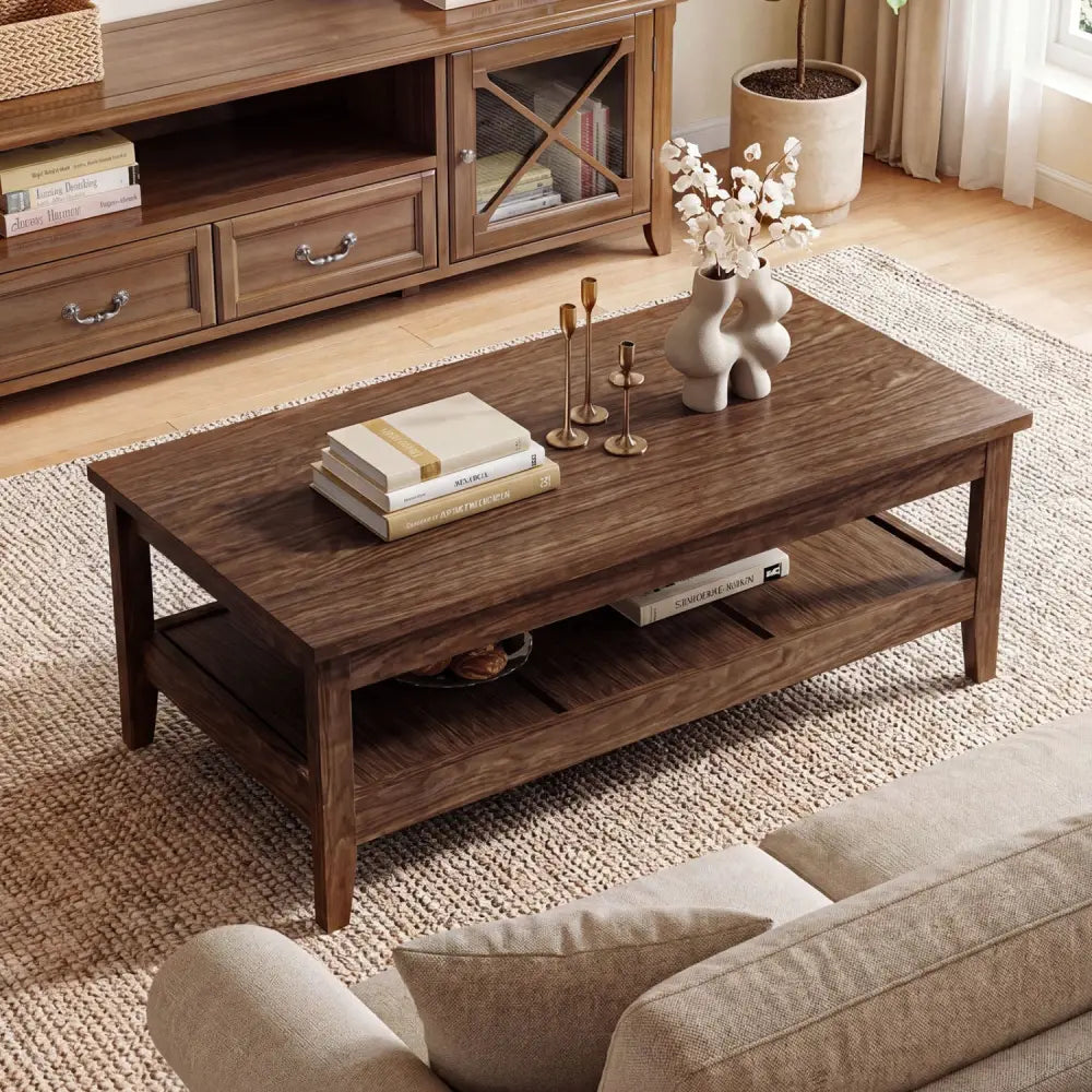 Farmhouse Coffee Table Rustic Cocktail Center Table with Thickened Tabletop-Walnut - Walnut - Coffee Tables