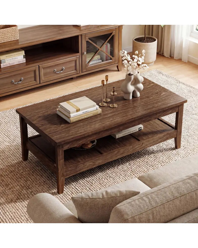 Farmhouse Coffee Table Rustic Cocktail Center Table with Thickened Tabletop-Walnut - Walnut - Coffee Tables