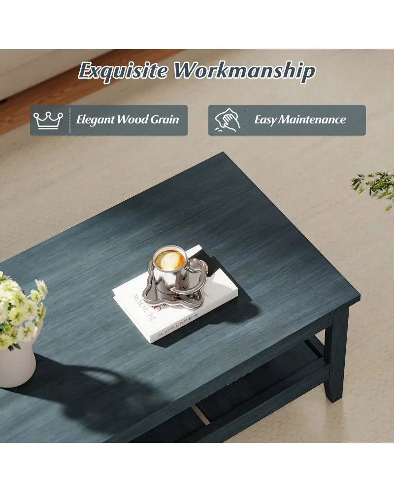 Farmhouse Coffee Table Rustic Cocktail Center Table with Thickened Tabletop-Blue - Blue - Coffee Tables