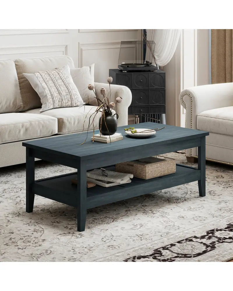 Farmhouse Coffee Table Rustic Cocktail Center Table with Thickened Tabletop-Blue - Blue - Coffee Tables