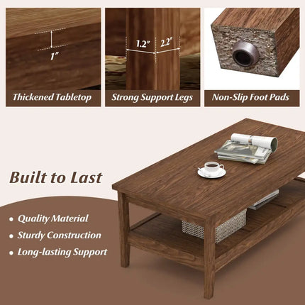 Farmhouse Coffee Table Rustic Cocktail Center Table with Thickened Tabletop-Walnue - Walnut - Coffee Tables