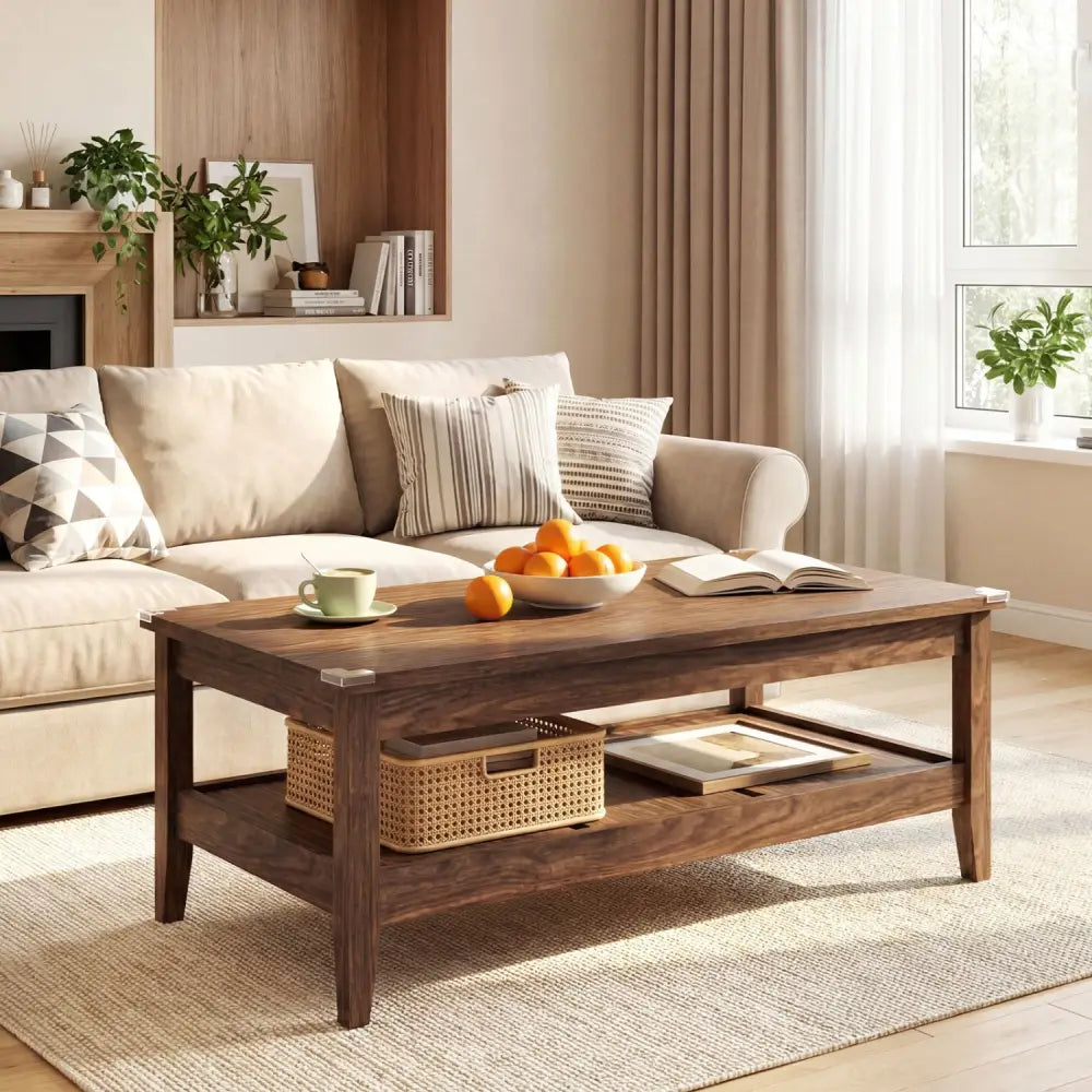 Farmhouse Coffee Table Rustic Cocktail Center Table with Thickened Tabletop-Walnut - Walnut - Coffee Tables