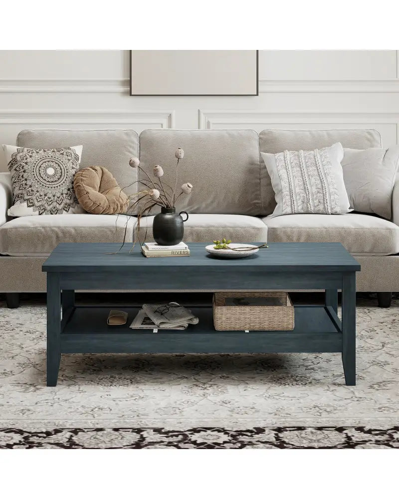 Farmhouse Coffee Table Rustic Cocktail Center Table with Thickened Tabletop-Blue - Blue - Coffee Tables