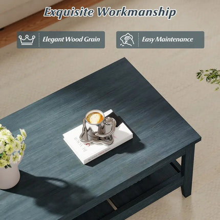 Farmhouse Coffee Table Rustic Cocktail Center Table with Thickened Tabletop-Blue - Blue - Coffee Tables
