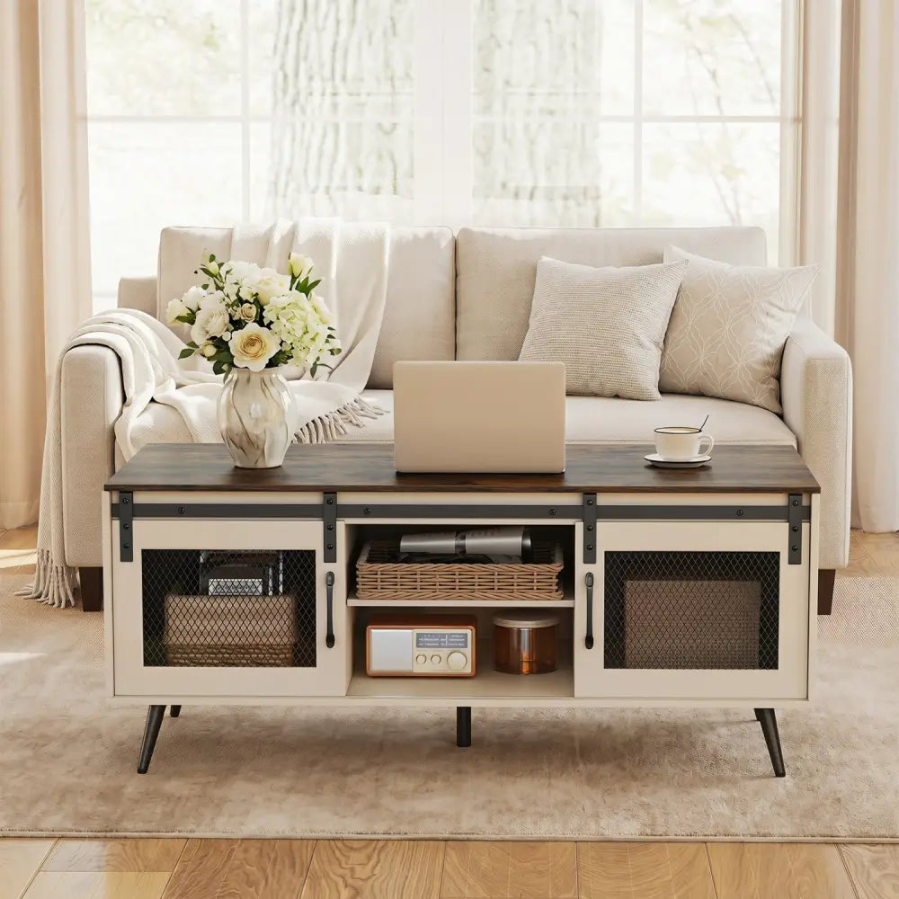 Farmhouse Coffee Table with Sliding Doors Rectangular with Adjustable Shelf-Rustic Brown - Rustic Brown - Coffee Tables