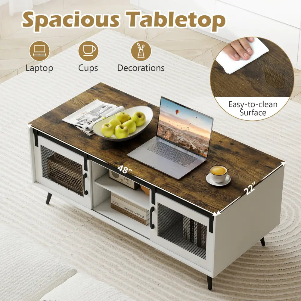 Farmhouse Coffee Table with Sliding Doors Rectangular with Adjustable Shelf-Rustic Brown - Rustic Brown - Coffee Tables