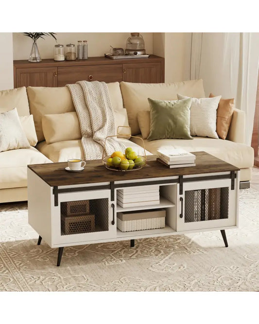 Farmhouse Coffee Table with Sliding Doors Rectangular with Adjustable Shelf-Rustic Brown - Rustic Brown - Coffee Tables