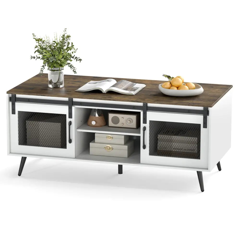 Farmhouse Coffee Table with Sliding Doors Rectangular with Adjustable Shelf-Rustic Brown - Rustic Brown - Coffee Tables