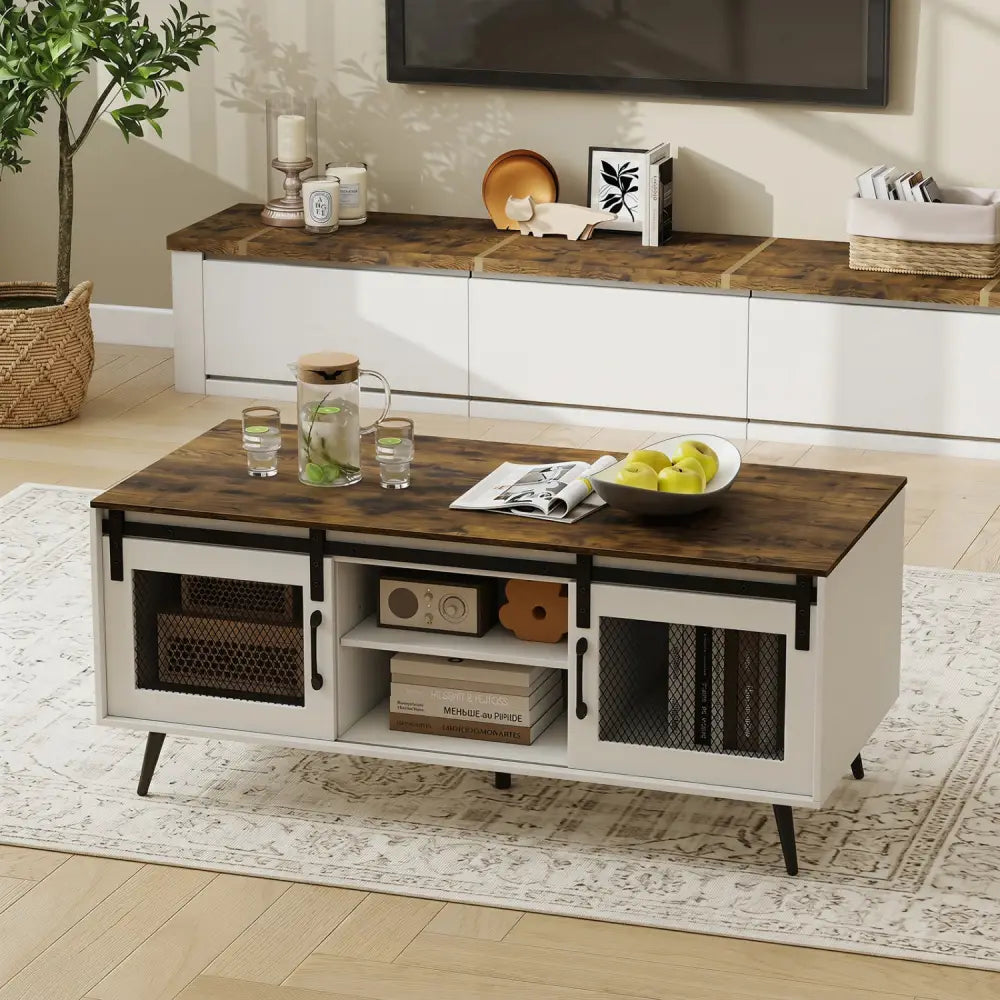 Farmhouse Coffee Table with Sliding Doors Rectangular with Adjustable Shelf-Rustic Brown - Rustic Brown - Coffee Tables