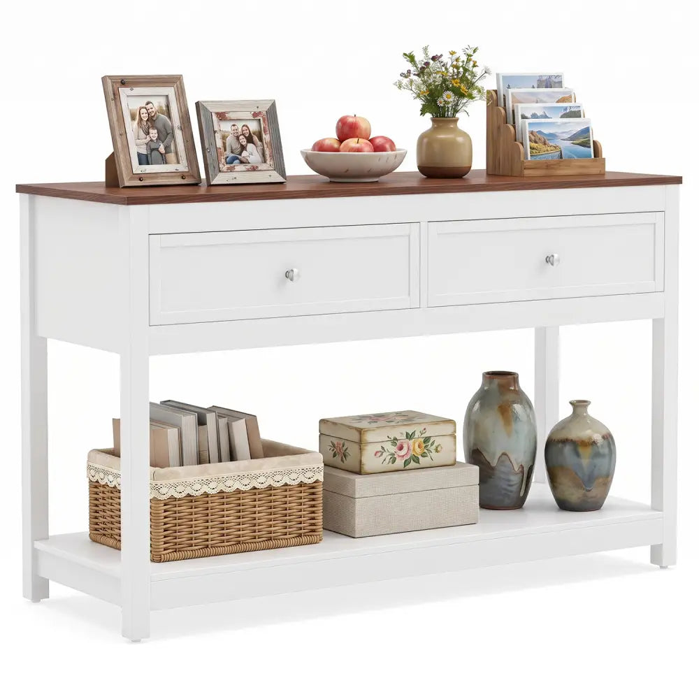 Farmhouse Console Table with 2 Drawers & Open Storage Shelf-White - White - Console Tables