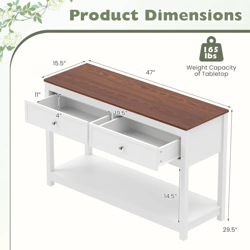 Farmhouse Console Table with 2 Drawers & Open Storage Shelf-White - White - Console Tables