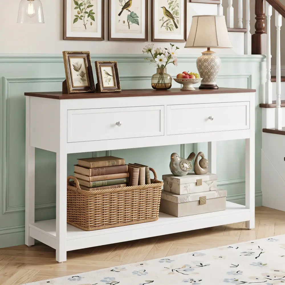 Farmhouse Console Table with 2 Drawers & Open Storage Shelf-White - White - Console Tables