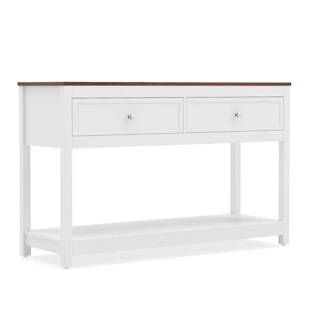 Farmhouse Console Table with 2 Drawers & Open Storage Shelf-White - White - Console Tables