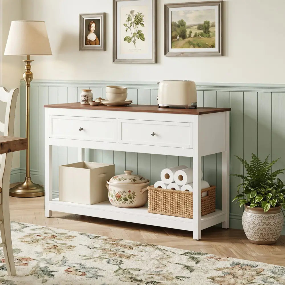 Farmhouse Console Table with 2 Drawers & Open Storage Shelf-White - White - Console Tables