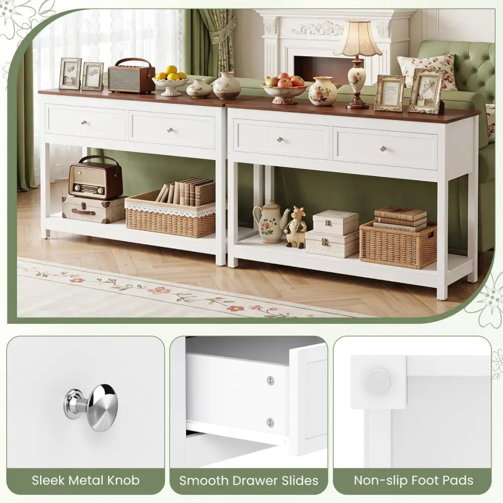 Farmhouse Console Table with 2 Drawers & Open Storage Shelf-White - White - Console Tables